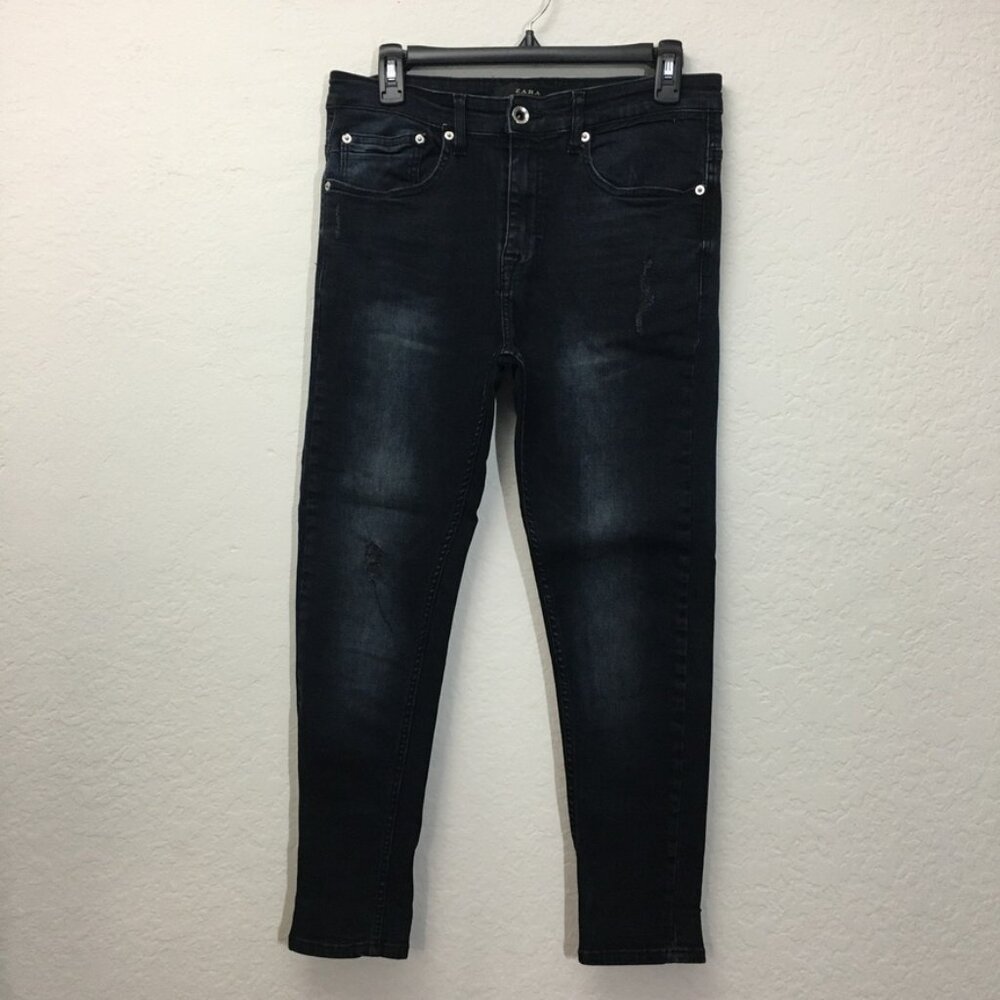 ZARA Jean Womens Highe-Rise Skinny Distressed Size 31 Stretch Ankle Dark Blue